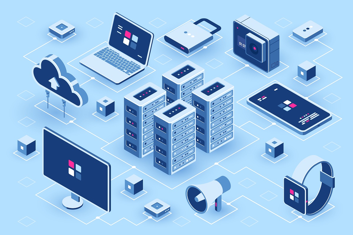 Computer technology isometric icon, server room, digital device set, element for design, pc laptop, mobile phone with smartwatch, cloud storage, flat vector illustration